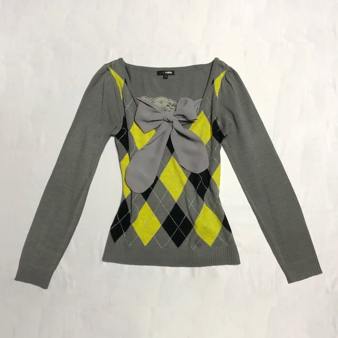 리본 레이스 로걀 아가일 니트 탑 그레이 상품이미지1