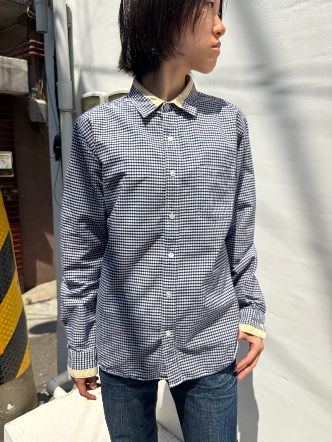 Beams 카라 배색 포인트 체크 코튼 셔츠 L 상품이미지3