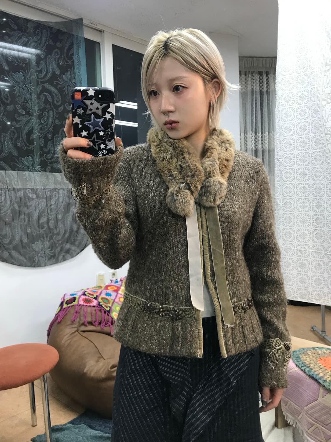 여성 빈티지 퍼 울 니트 가디건  상품이미지2