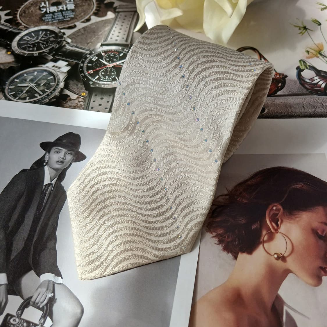 밀라숀 실크 아이보리 자카드 패턴 넥타이 9.4cm A+등급 A19755 상품이미지7