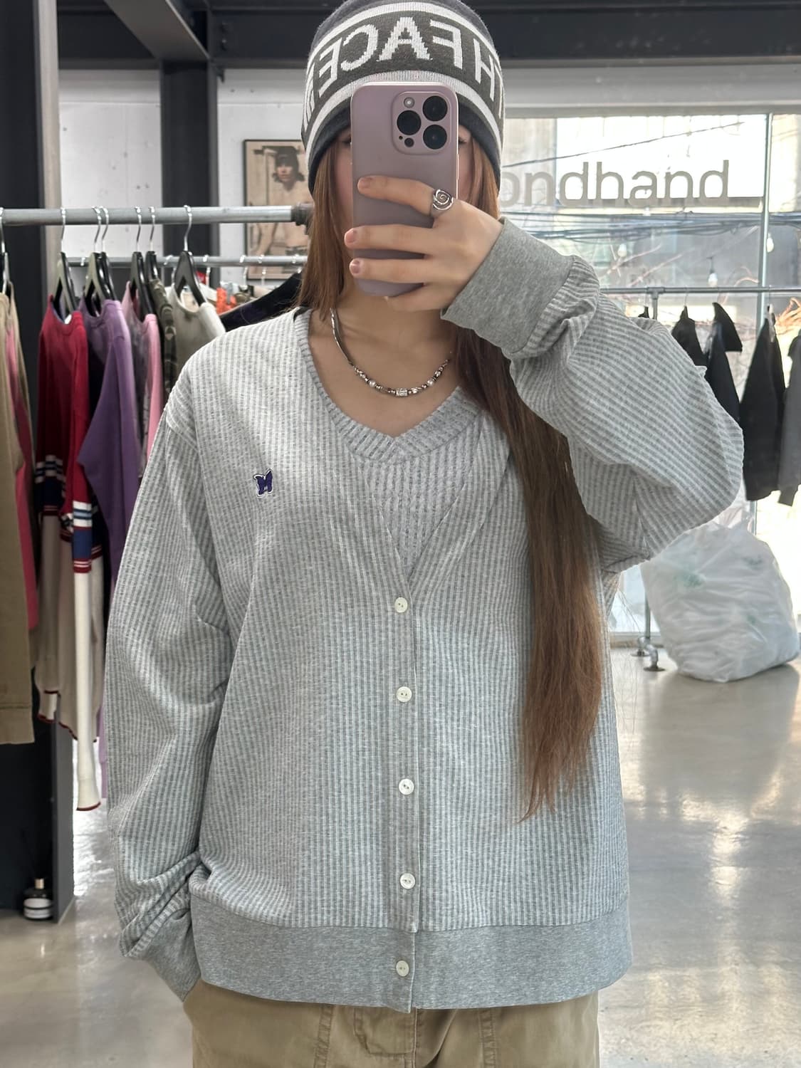 니들스 시어서커 저지 브이넥 가디건 상품이미지3