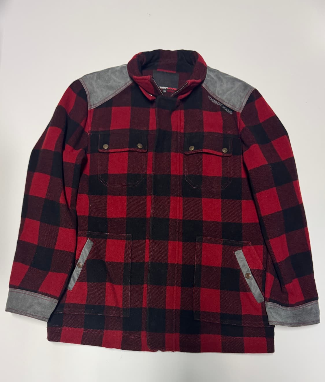 톰보이 진스 레드 체크 울 하프 코트 자켓 XL 상품이미지1