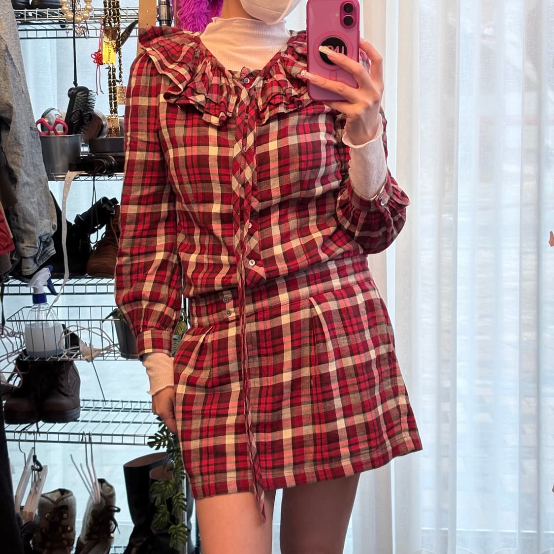 체크 러플카라 드레스 상품이미지2