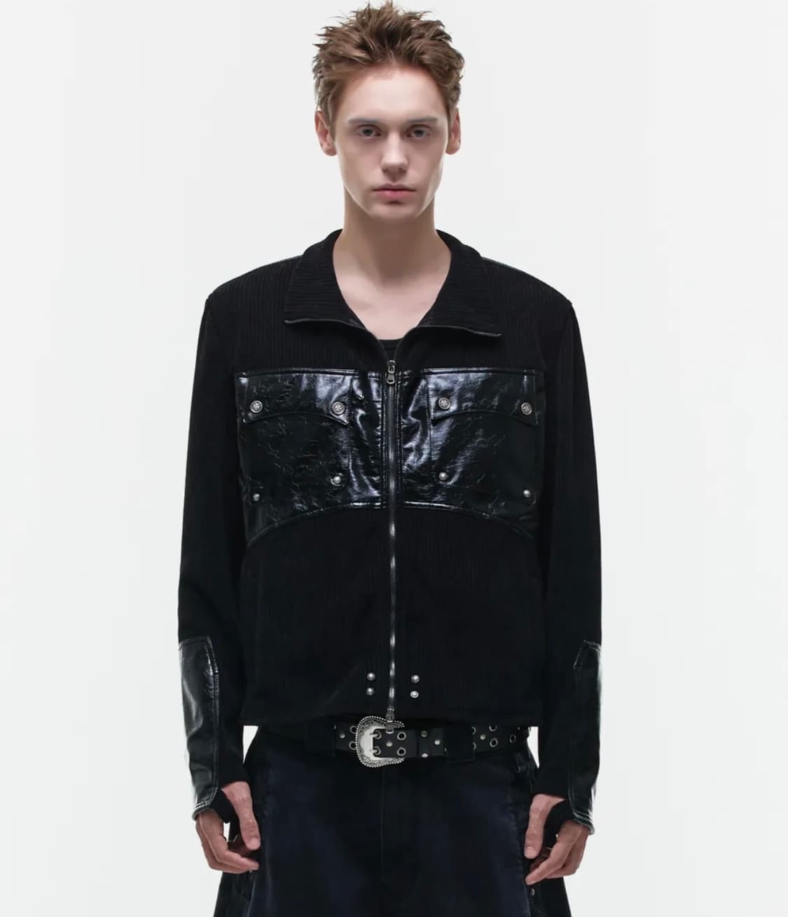 오퍼스 0012 레더 패치 니트 집업 상품이미지1