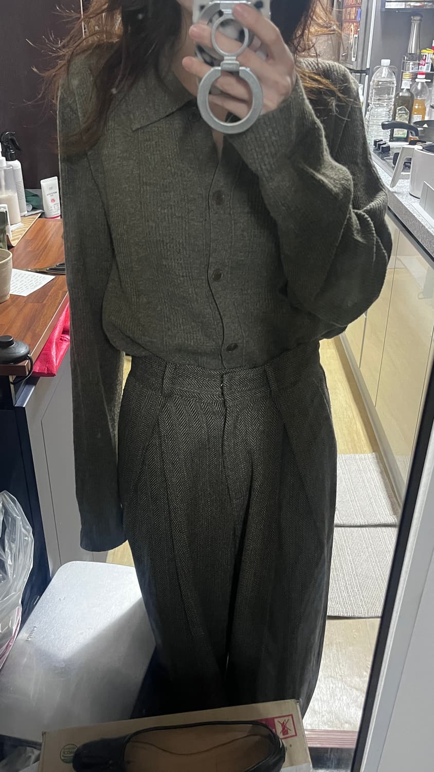 르메르핏 헤링본 카키브라운팬츠,브라운니트 셋업 (울,캐시 혼방)빈티지 상품이미지8