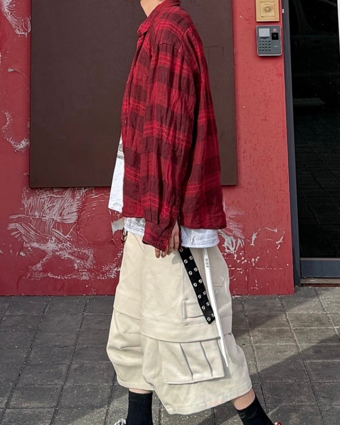 [3]해칭룸 클래식 셔츠 린넨 빅 체크 다크 레드 상품이미지8