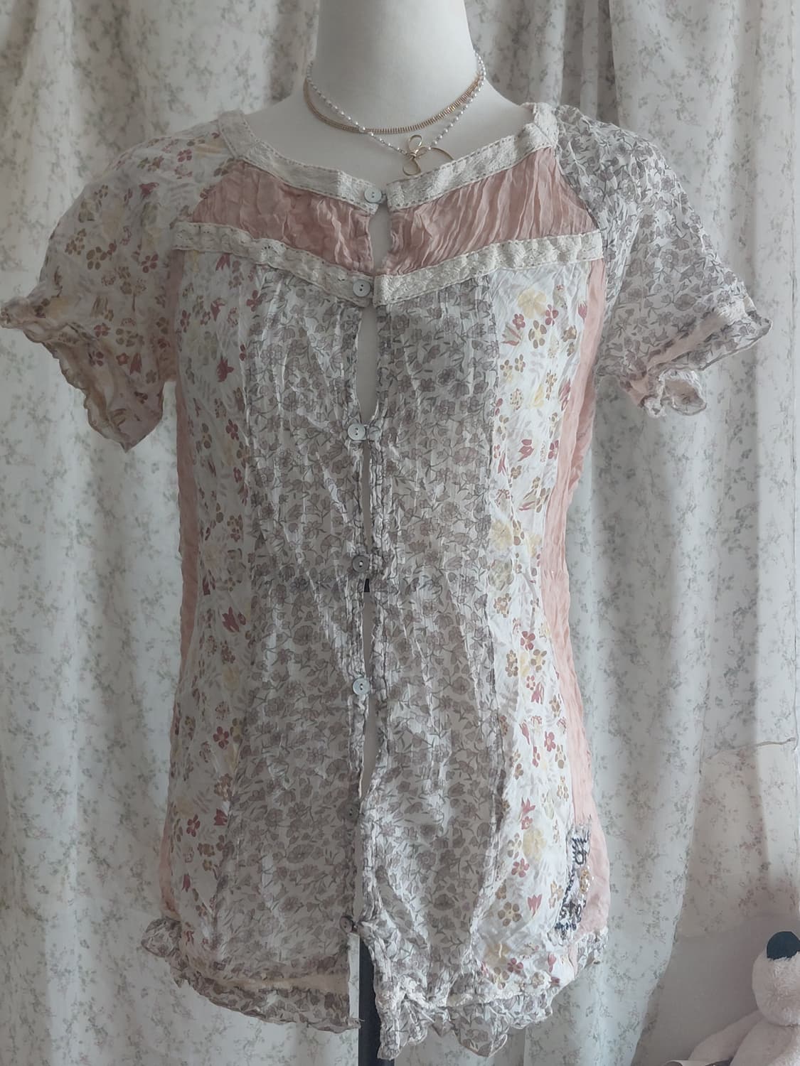 [일본빈티지] 빈티지 플라워 반팔 블라우스 핑크 상품이미지1
