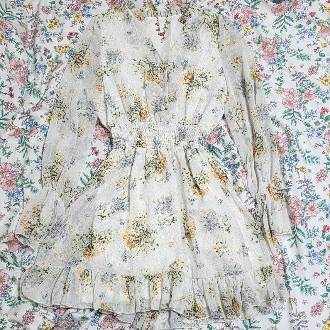 빈티지) 모리걸st 플로럴 나염 스모크 프릴 쉬폰 로맨틱 미니 원피스 상품이미지3