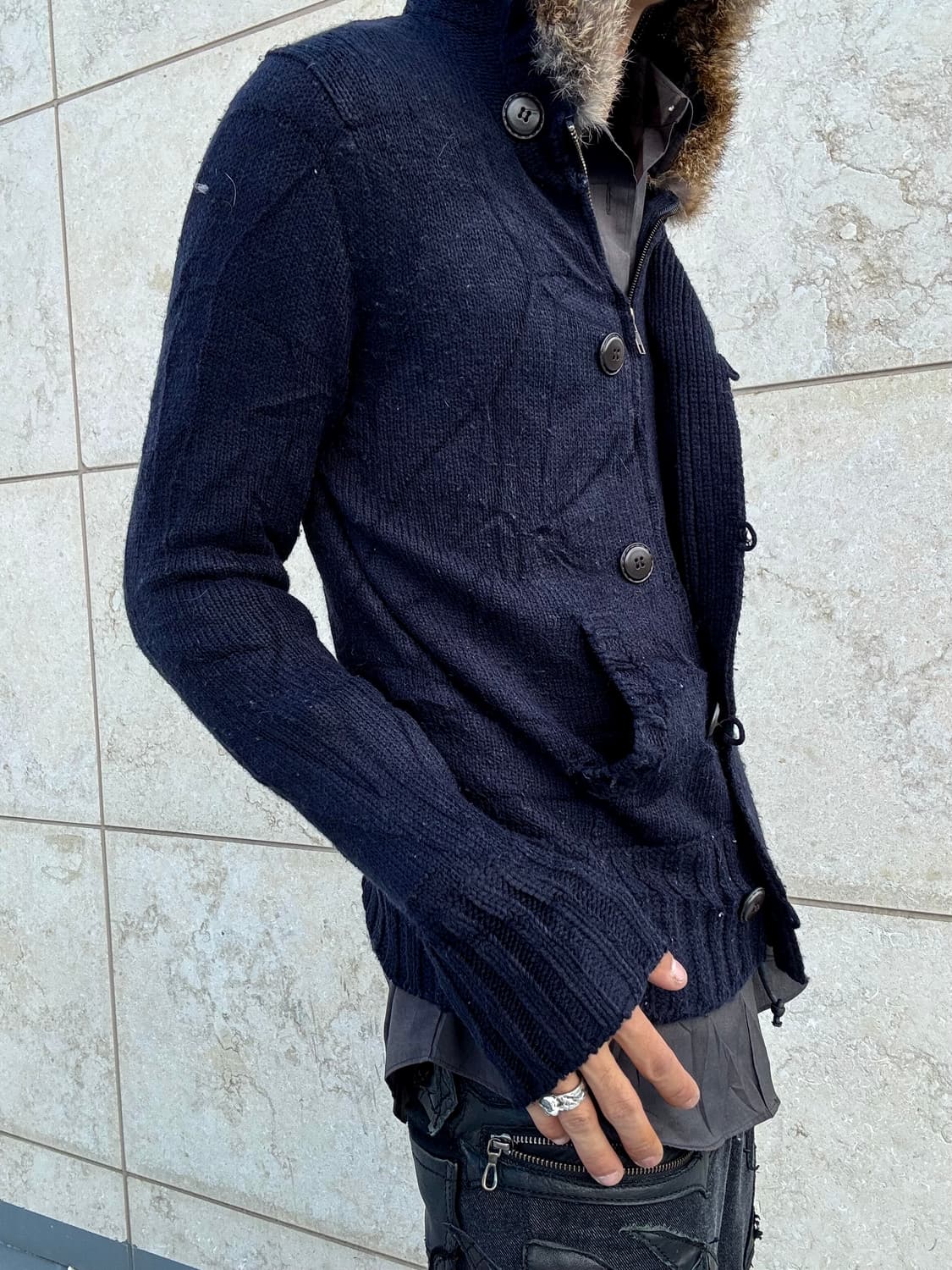 “Vintage” Navy Slim Fit Fur Hoodie Zip U 상품이미지5