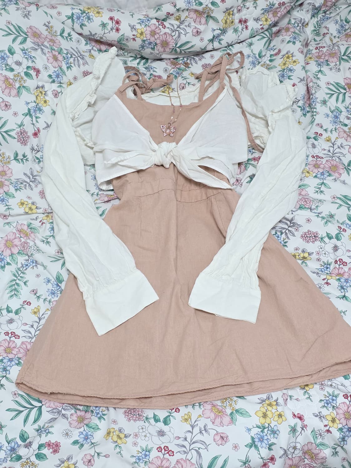 빈티지)페어리계 히메갸루 화이트 핑크 빅리본 원피스셔츠볼레로 코디세트 상품이미지1