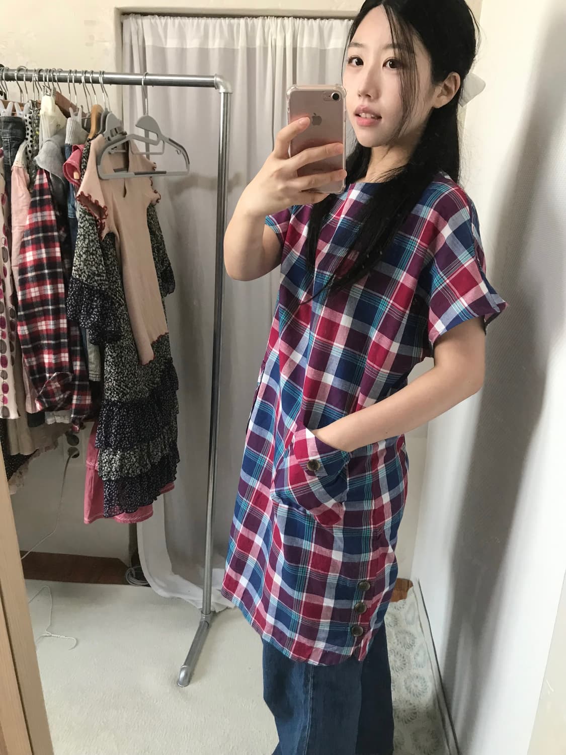 vintage check wood button pocket dress 상품이미지3