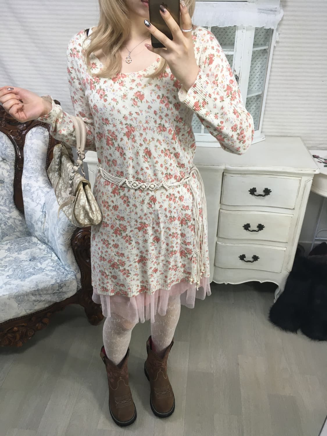 Set)  floral  knit onepiece + belt 상품이미지2