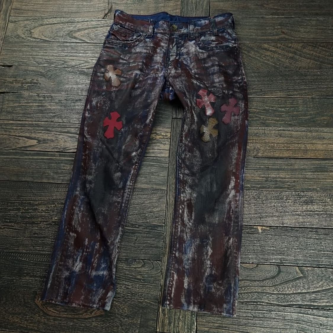 트루릴리전 고딕 펑크 커스텀 레더 크로스 리키 데님 팬츠 M18933 상품이미지1