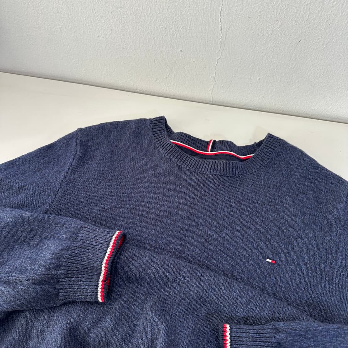 XXL 타미힐피거 나염네이비 루즈핏 라운드 면니트 상품이미지1