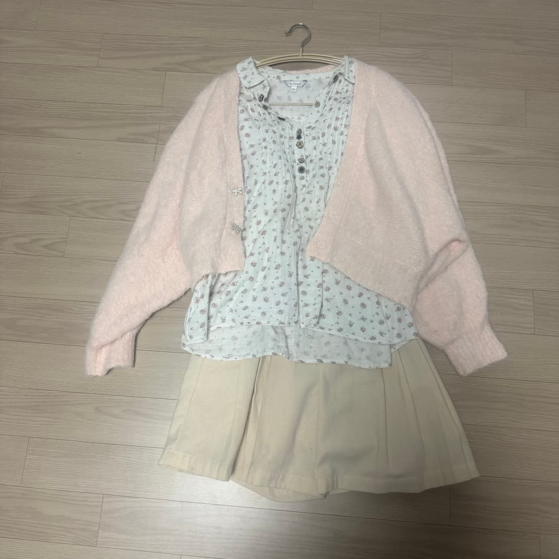 빈티지 모리걸 세트 핑크 가디건 잔꽃 블라우스 큐롯 팬츠 상품이미지2