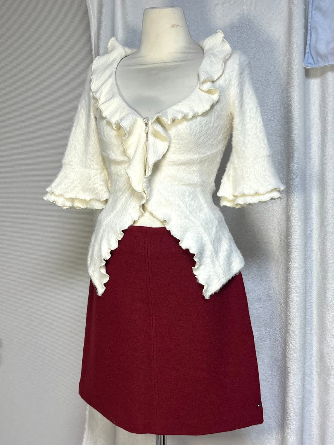 빈티지 로즈 진주 디테일 슬림 퍼 가디건 상품이미지3