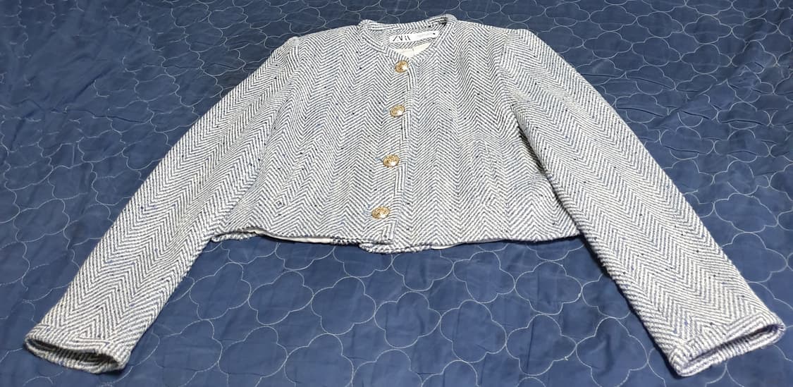 자라 헤링본 크롭 트위드 자켓 블루 (S) 상품이미지1