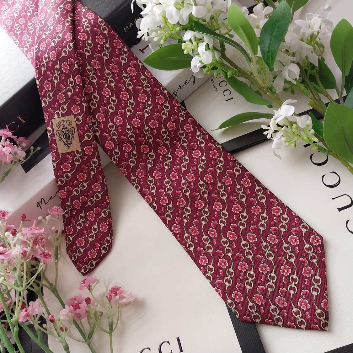 구찌 실크 와인 홀스빗&플라워 패턴 넥타이 8.4cm A+등급 K1823 상품이미지3