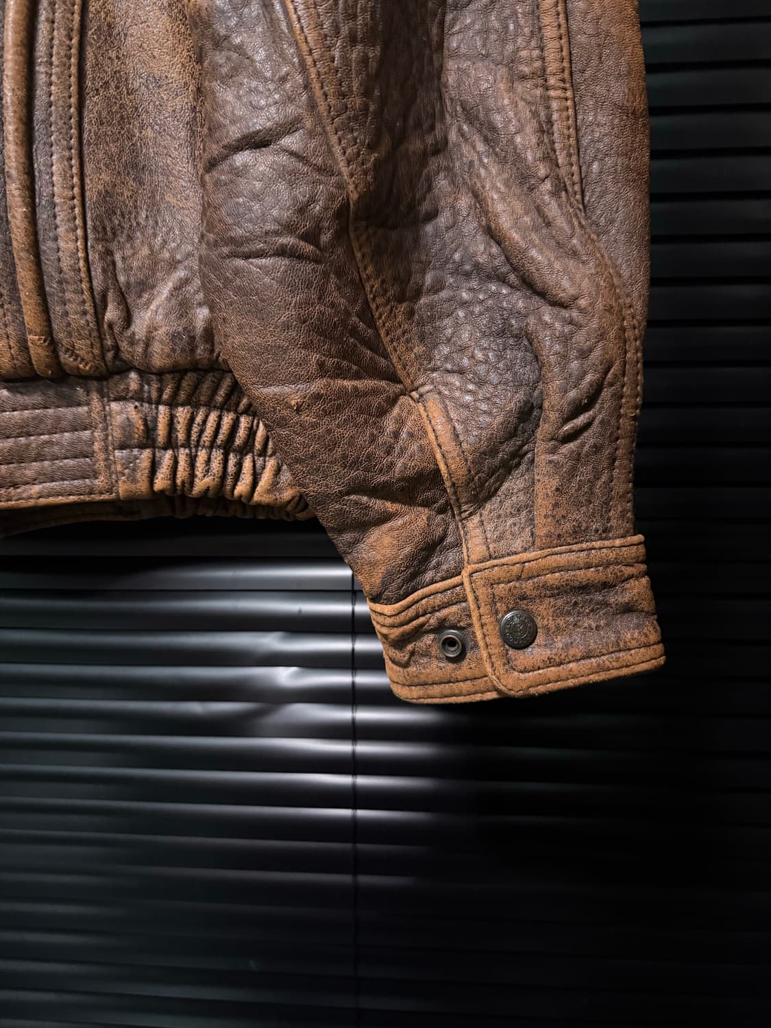 SK 레더 가죽 양가죽 카멜 브라운 빈티지 블루종 봄버 점퍼 하이넥 집업 상품이미지7