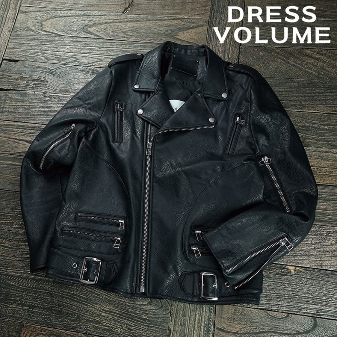 [드레스볼륨] 비건 레더 사선 라이더 자켓 블랙 M19127 상품이미지1