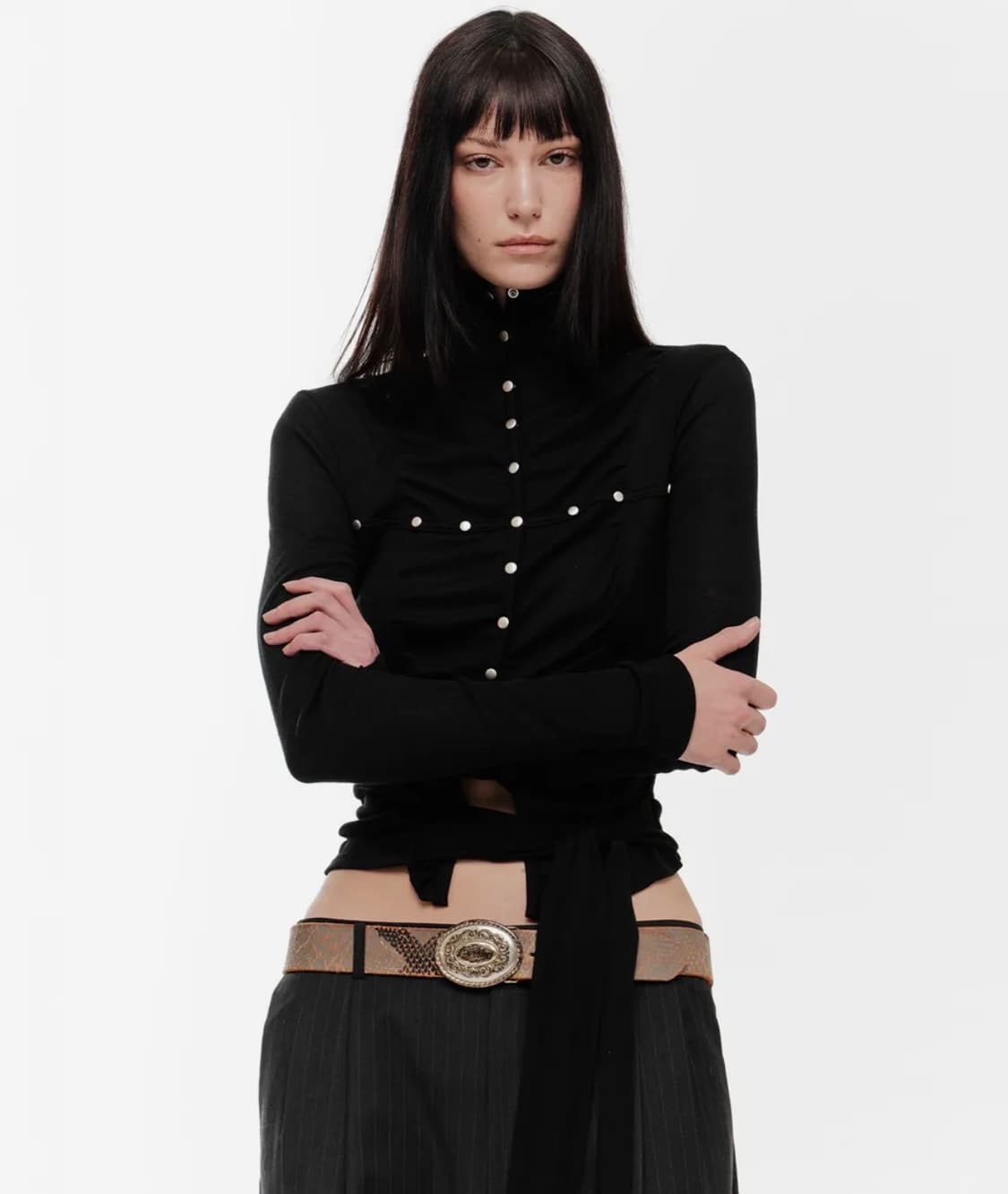 LENA SHIRRING HIGH NECK TOP (BLACK) 상품이미지1