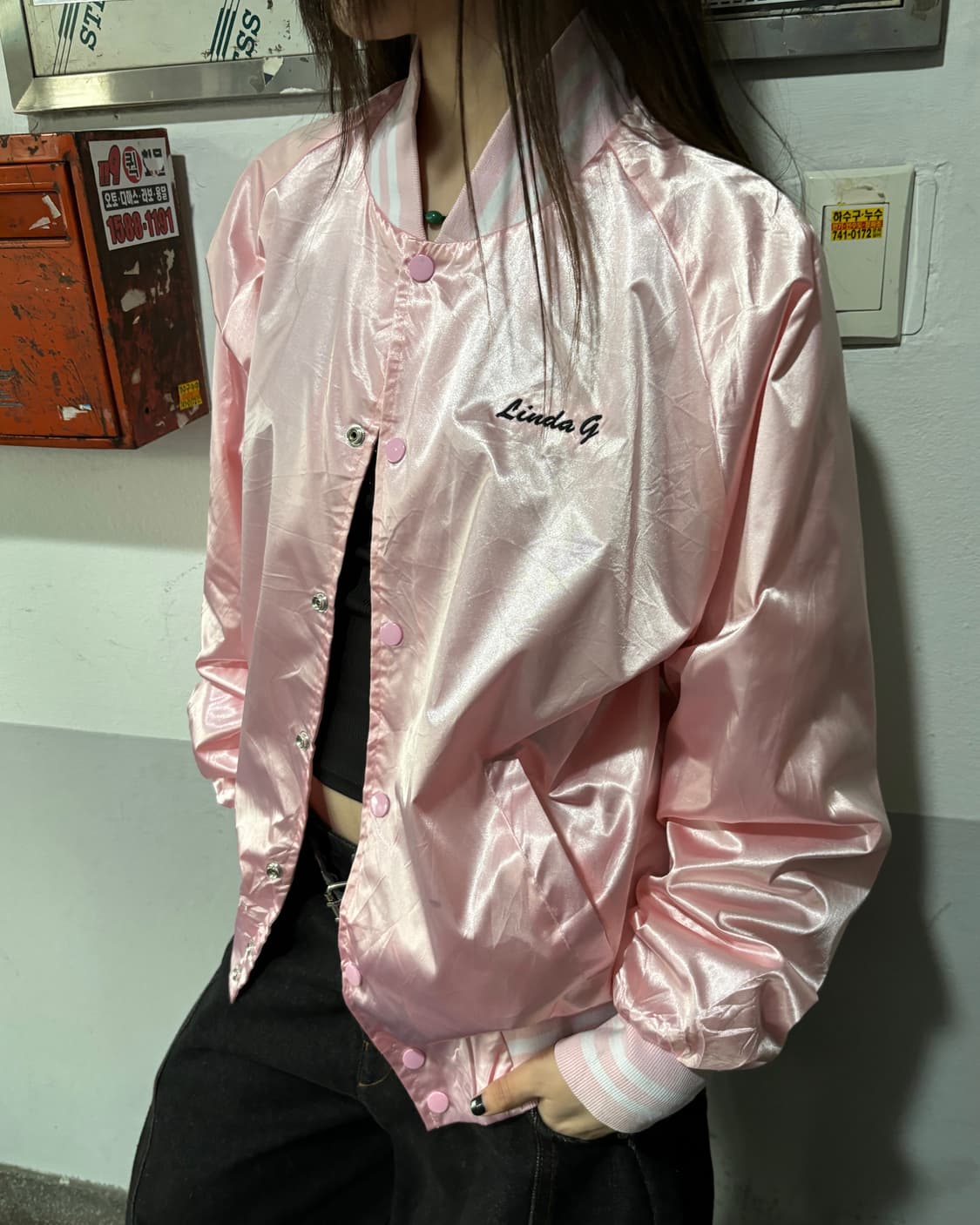 90s 올드스쿨 핑크 유광 자수 스타디움jk   상품이미지2