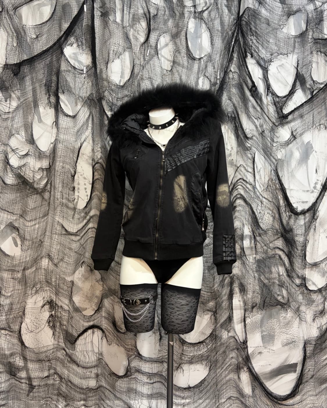 Y2K Fur hoodie patch bomber jacket 상품이미지3