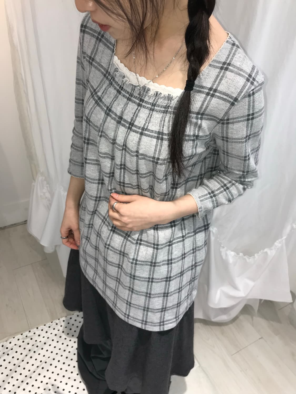⊹ Theoria Grey Check Frill Top 상품이미지3