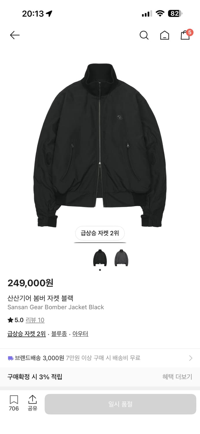 산산기어 봄버자켓 블랙 1사이즈 상품이미지1