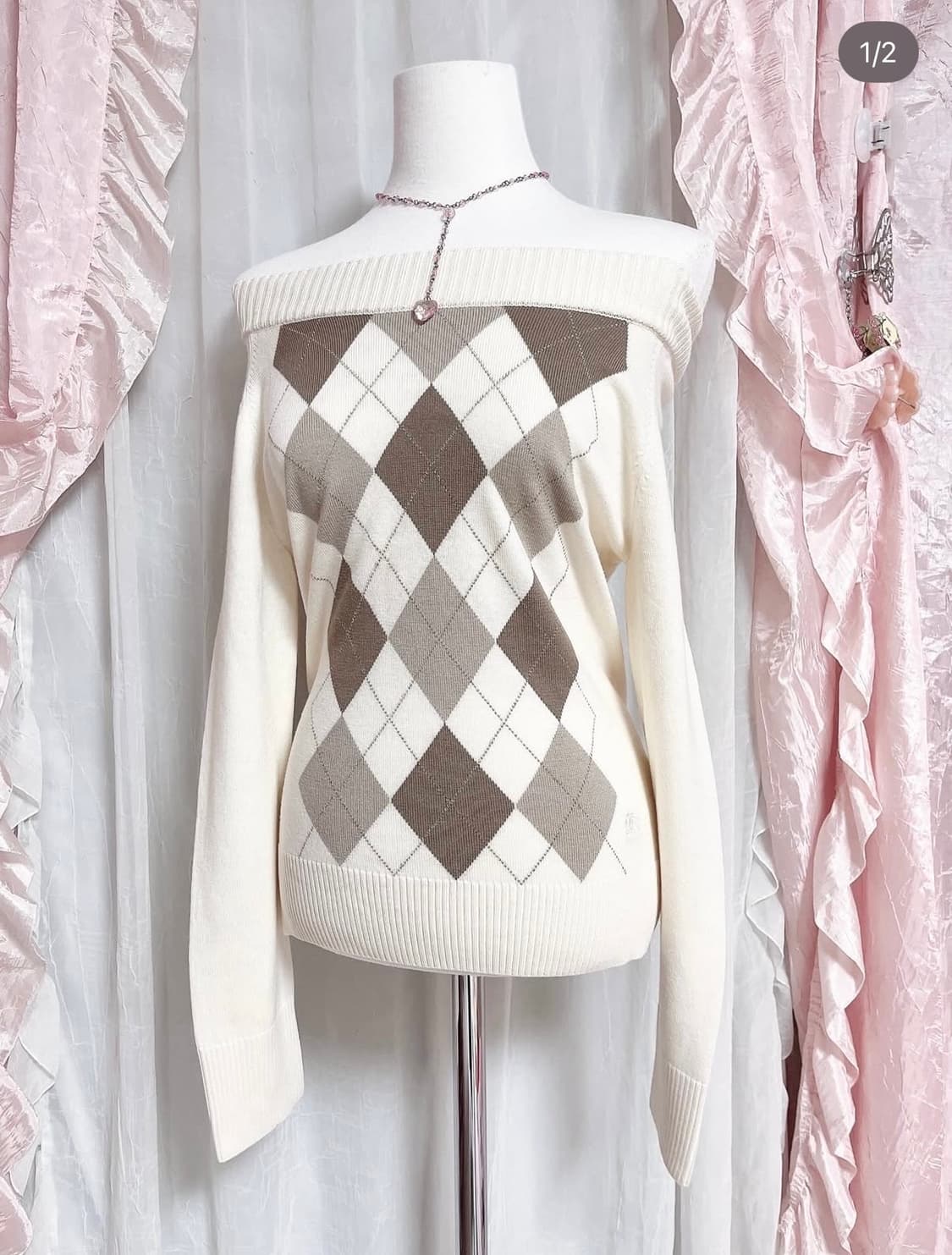 버버리 런던 아가일 오프숄더 니트 라떼갸루 갸루 리즈리사 상품이미지1