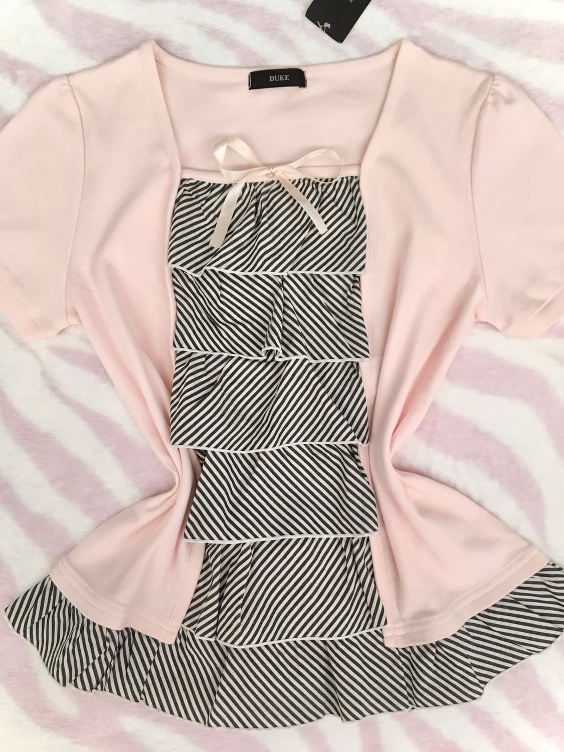 핑크 스트라이프 프릴 리본 로걀탑 히메갸루 러블리 블라우스 상품이미지3