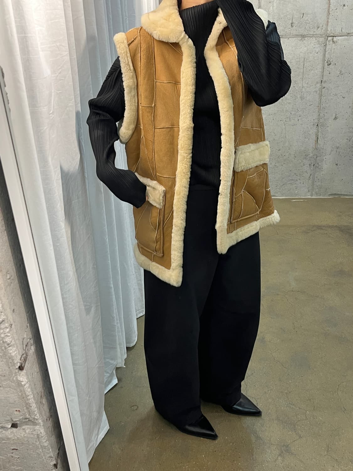 90s Genuine Lambskin 천연 양가죽 시어링 베스트 카멜 상품이미지4