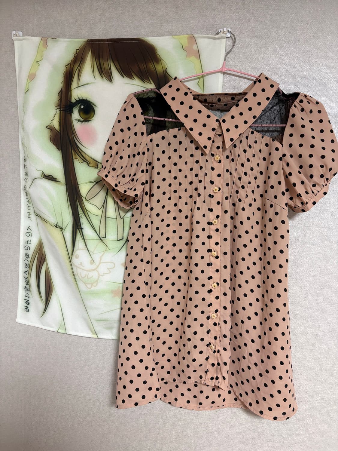 도트 핑크 레이스 빈티지 갸루 하라주쿠 반팔 셔츠 상품이미지1