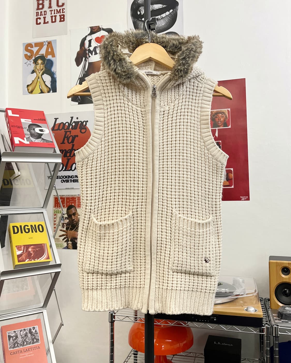 올드 빈티지 퍼 후드 니트 조끼 집업 아이보리 상품이미지5