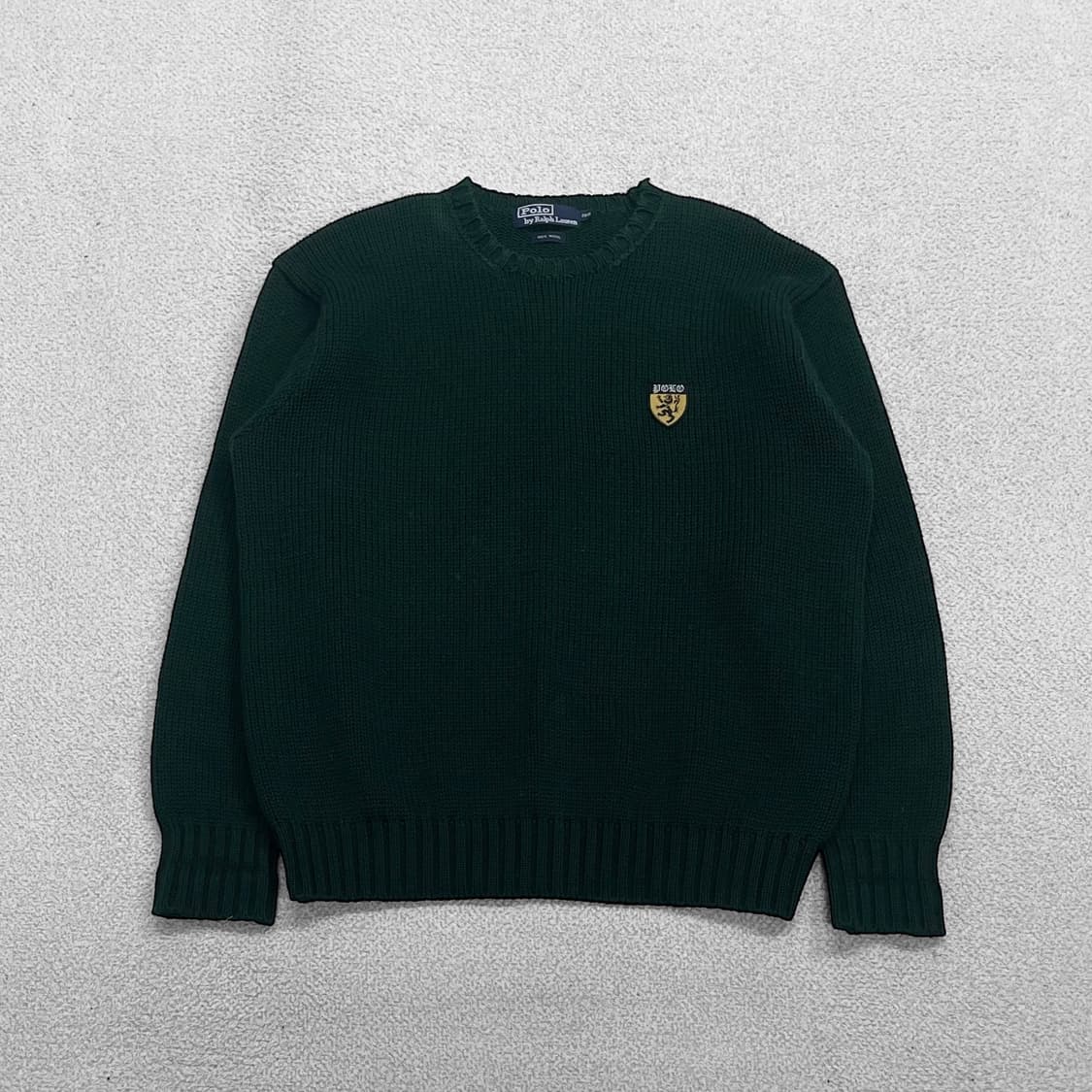 폴로 랄프로렌 90s 라이언 쉴드 패치 울 라운드 니트 다크그린 상품이미지1