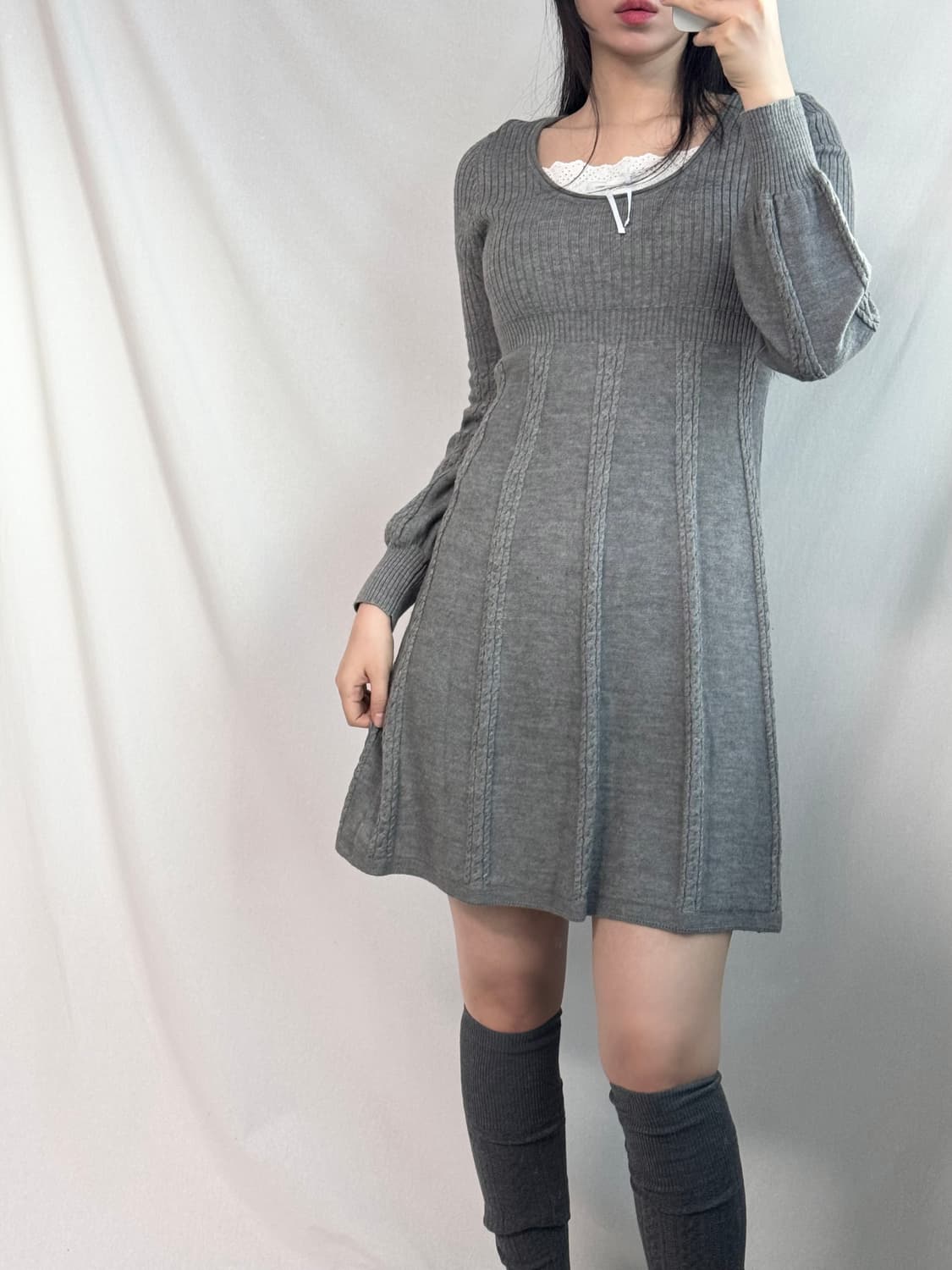 케이블 니트 레이어드 리본 슬리브리스 원피스 2pcs (개별 구매 가능) 상품이미지4