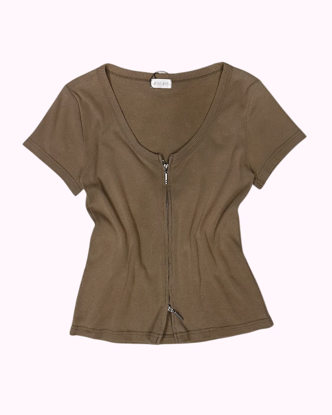 brown ribbed zip-up top 상품이미지1