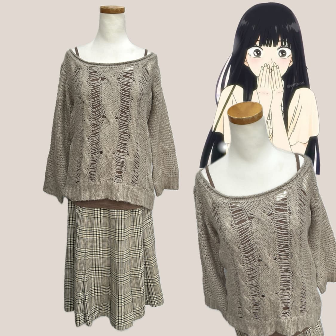 🤎사와코의 에스닉 코디세트🤎 그런지 니트 레이어드 체크스커트 모리걸 상품이미지2
