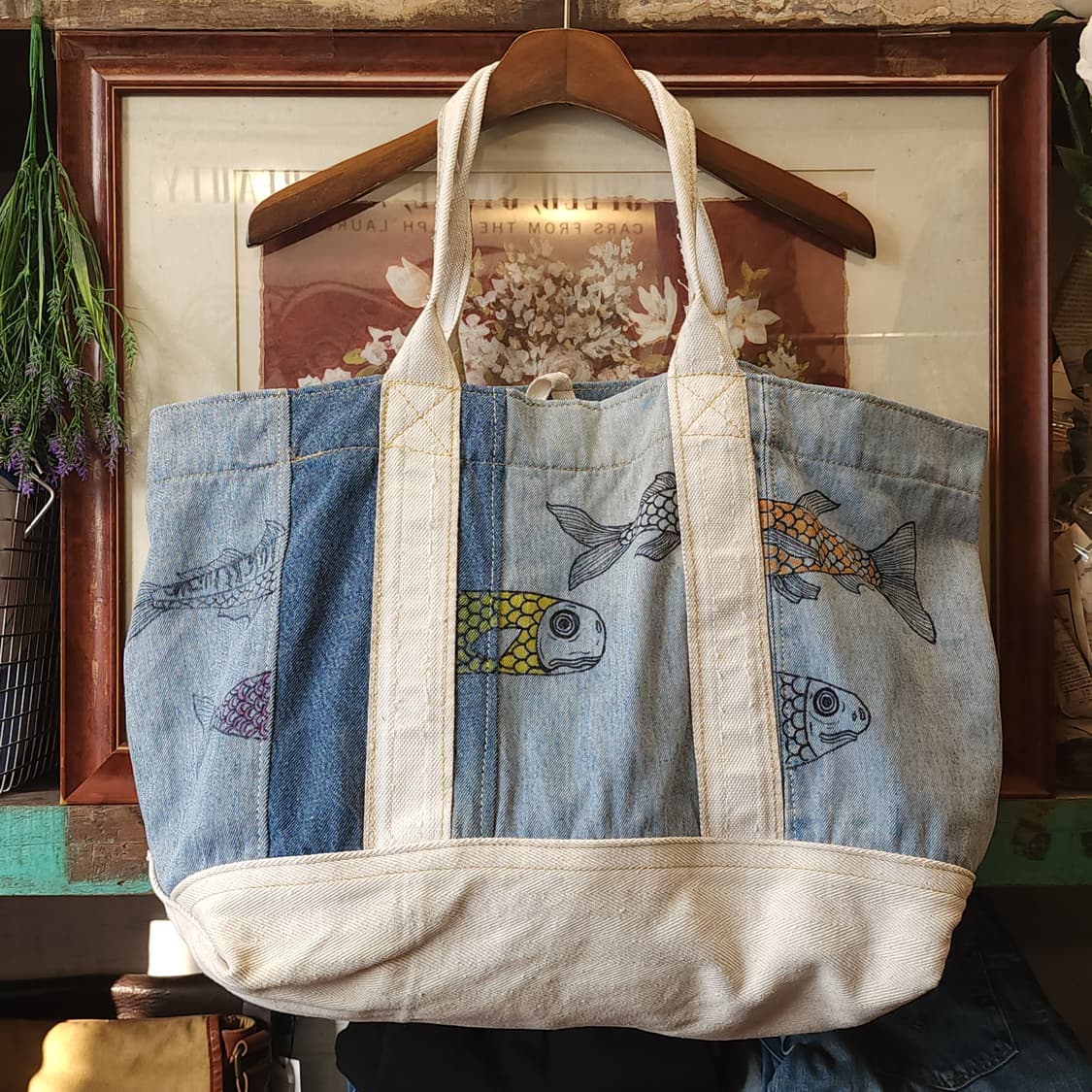 핸드 드로잉 빅사이즈 캔버스 데님 토트백 빈티지 더플백 리메이크 상품이미지2
