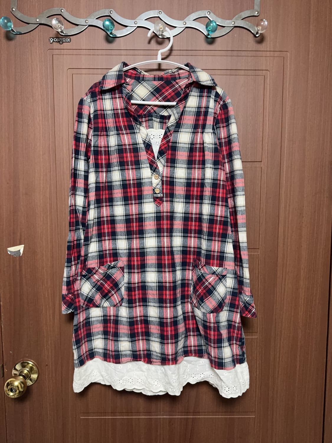모리걸 하구미 일본 빈티지 딸기 체크 레이스 셔츠 원피스 상품이미지1