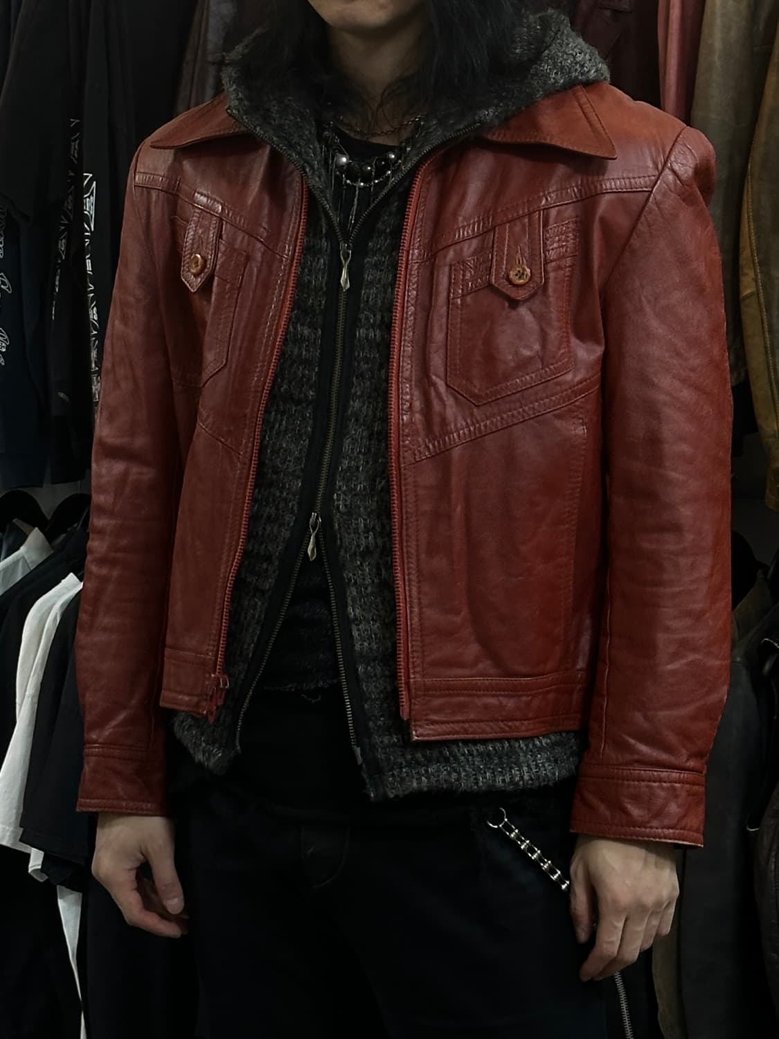 80's 빈티지 오렌지 레더 크롭 자켓 빈티지 가죽자켓 상품이미지2