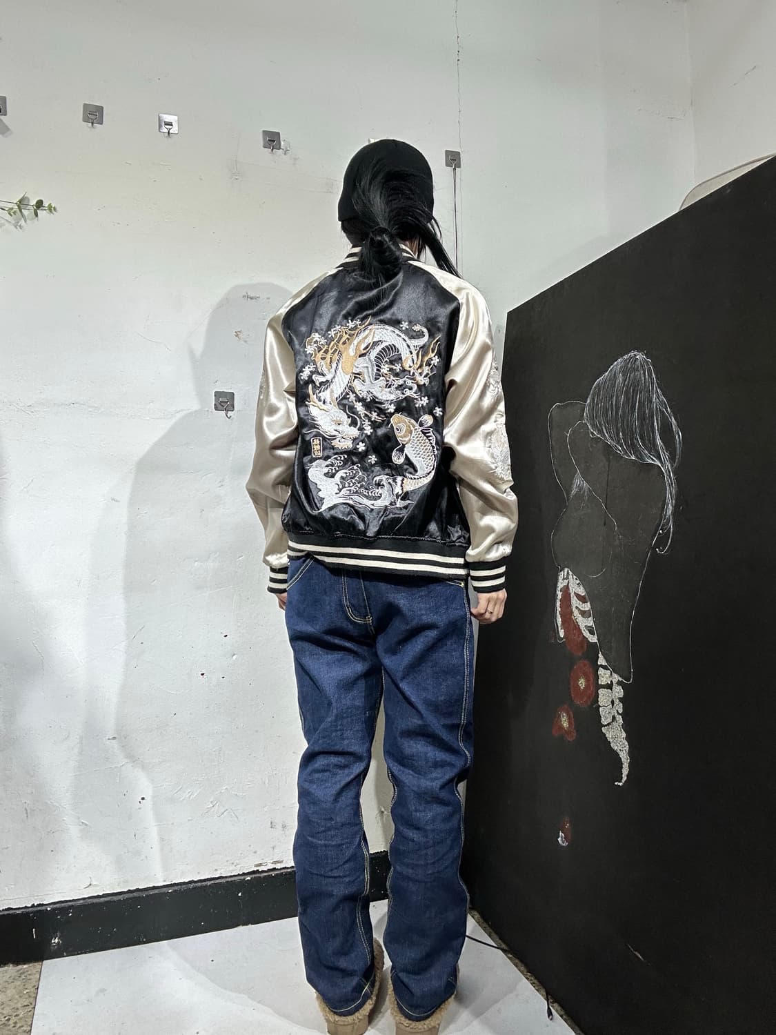 일본빈티지 일심여경 블랙 골드 잉어 용머리 스카잔 M 상품이미지5