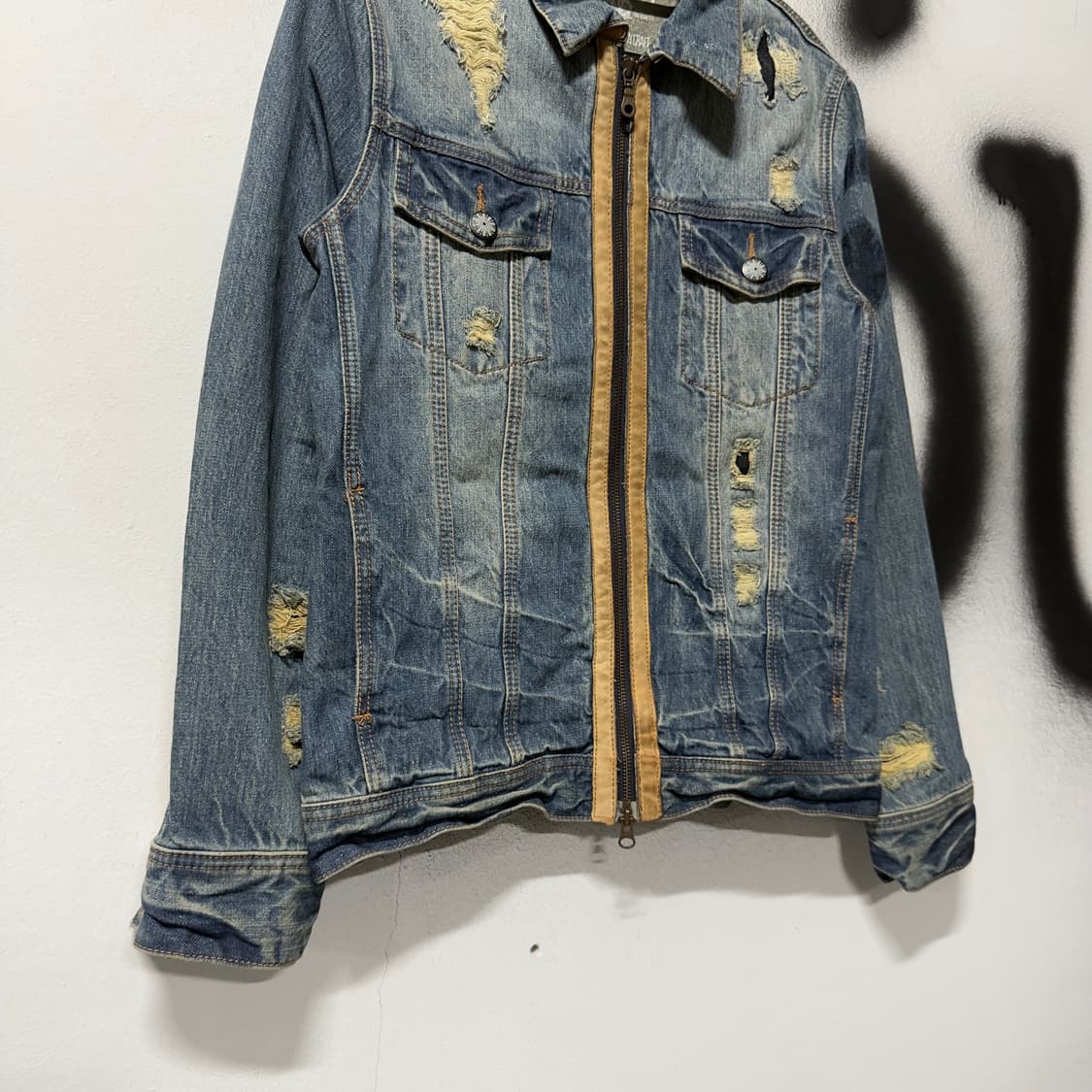 VTG 빈티지 그런지 워싱 레더 디테일 투웨이 집업 데님 자켓 상품이미지4
