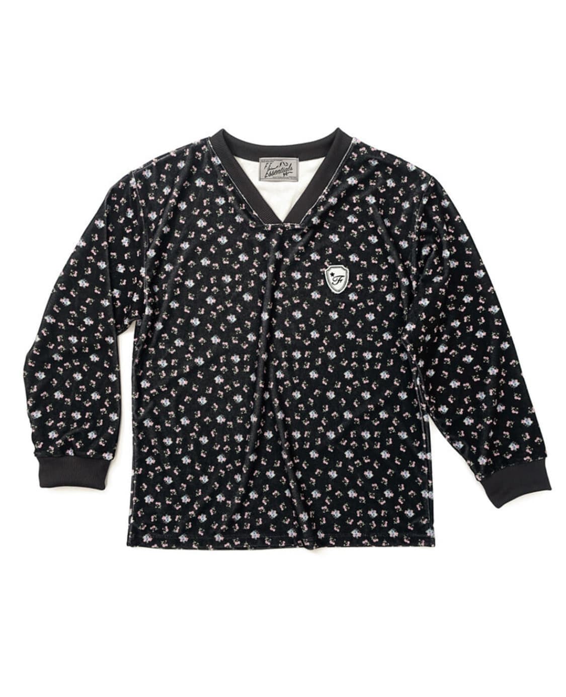 V neck flower terry shirt (black) 상품이미지1