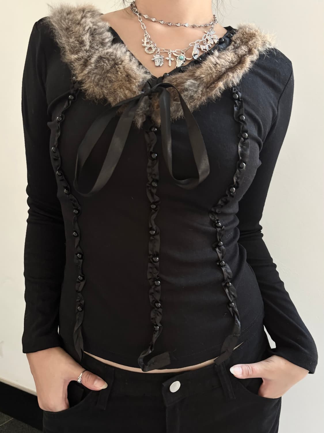 퍼 레이스 리본 롱슬리브 상품이미지1