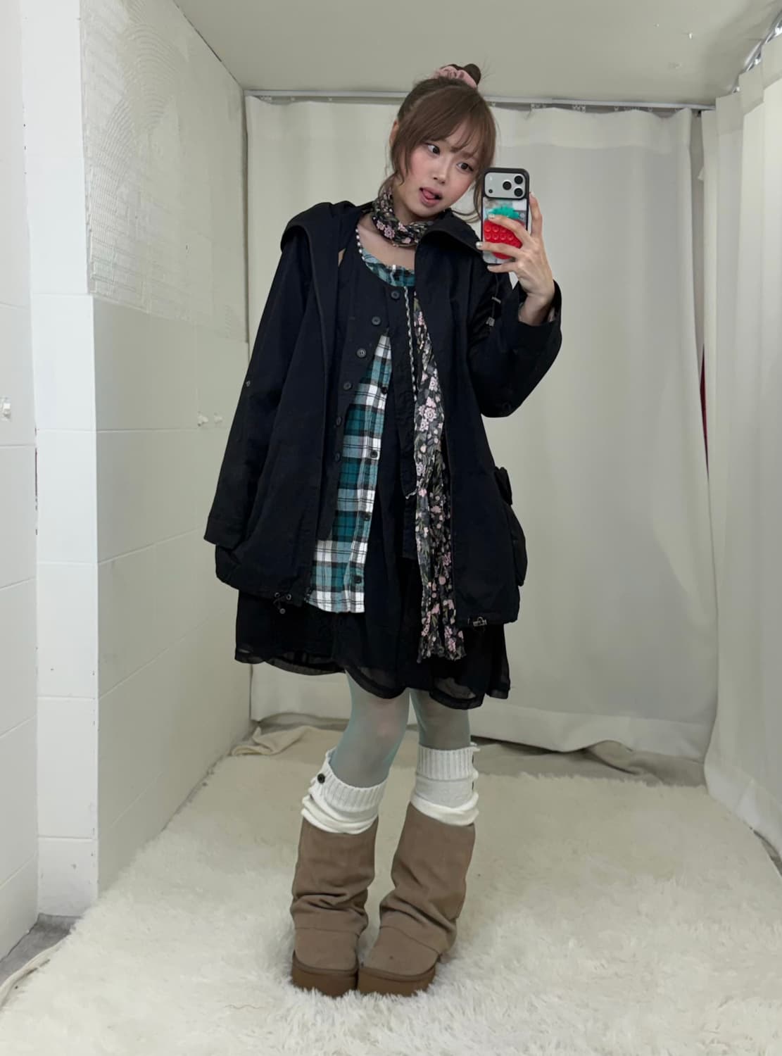 무채색 모리걸 컬러포인트 체크 원피스 하이넥 야상 코디세트 상품이미지1