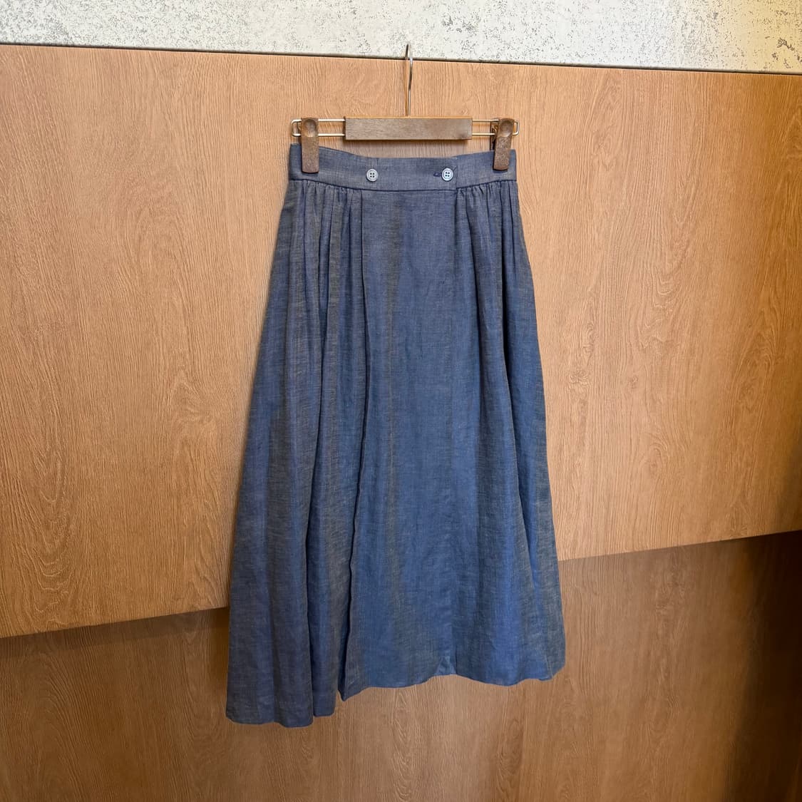 빈티지 코튼 롱 스커트 더블 버튼 턱 플리츠 디테일 네이비 상품이미지4