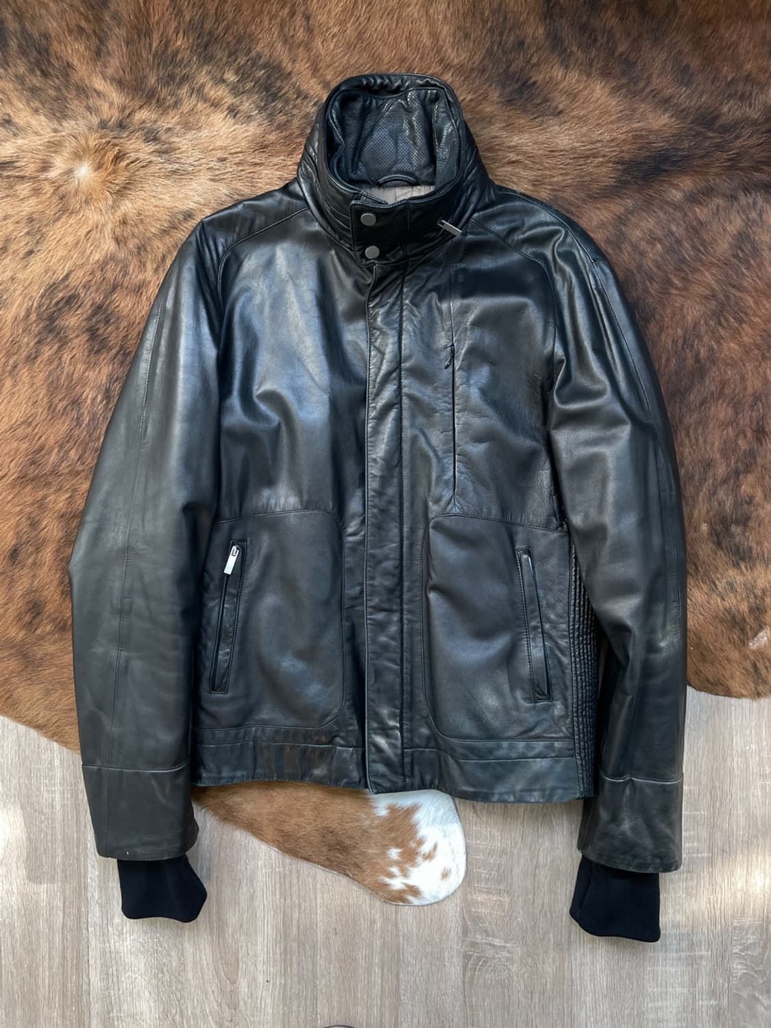 포르쉐 디자인 패션 하이 넥 레더 자켓 상품이미지1