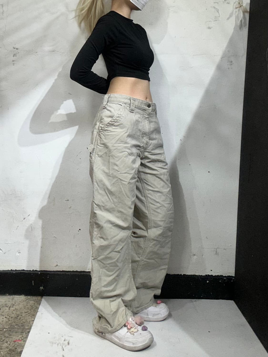 칼하트 b151 베이지 가죽탭 카펜터 와이드 워크 팬츠 바지 34 상품이미지1