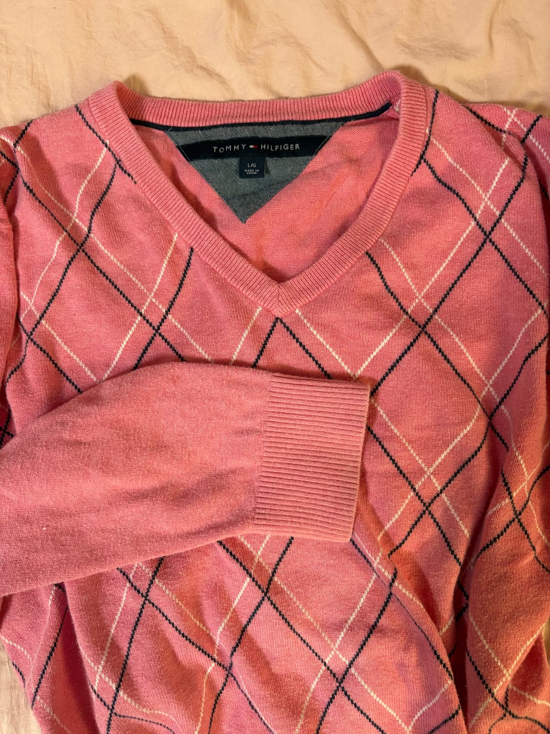 대장 타미힐피거 아가일 핑크 롱 슬리브 코튼 니트 상품이미지1
